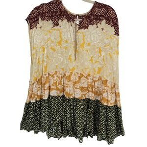 Free People Dress Womens Large Multicolor Boho Floral Mixed Print Tiered Tunic